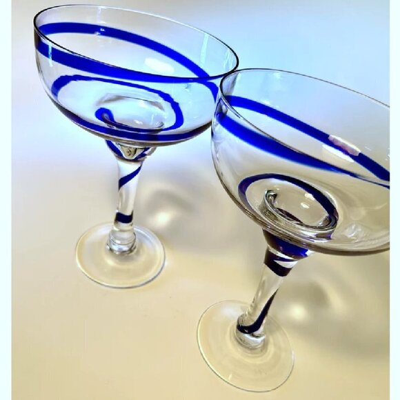 Pier 1 "Swirline Cobalt Blue" Margarita Glasses With Swirl On Stem Set of 2 - Picture 1 of 5
